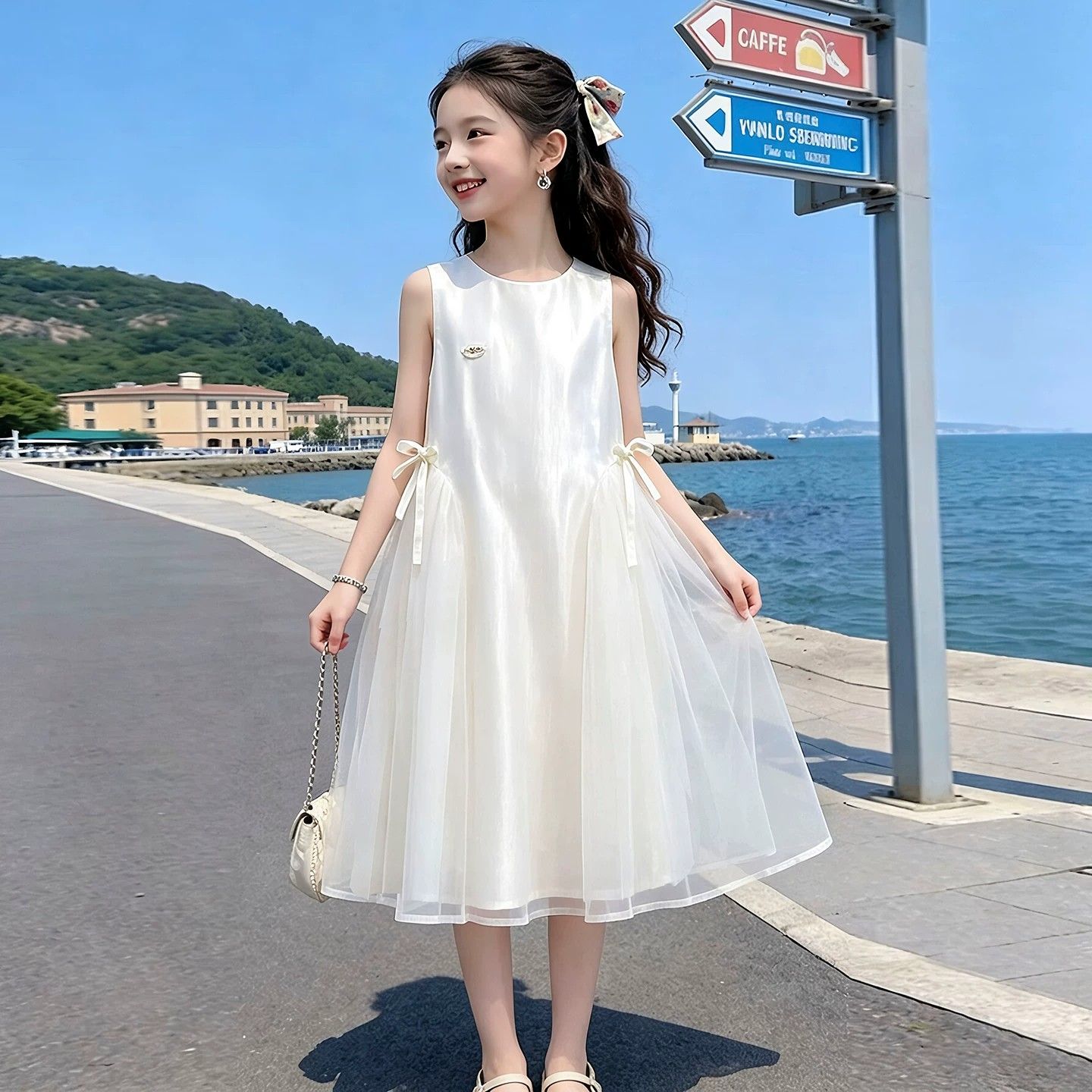 女童夏季无袖网纱蝴蝶结公主裙