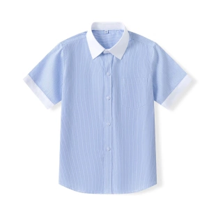 儿童装短袖蓝色条纹衬衫男童竖条纹衬衣校服半袖学院装寸衫中大童