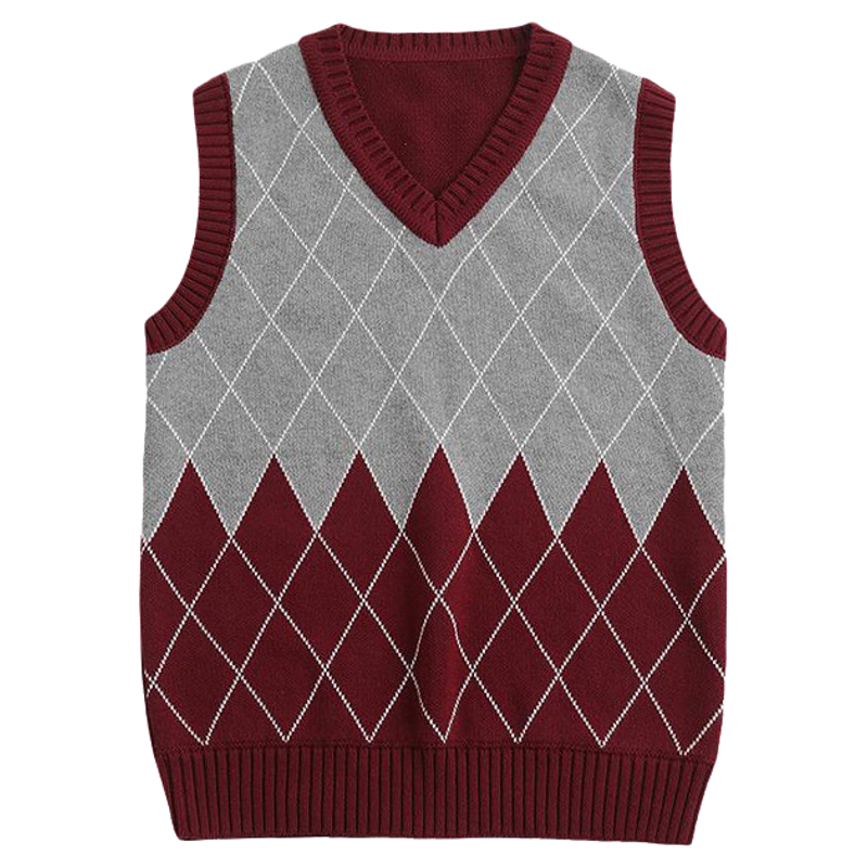 儿童马甲亲子复古菱格坎肩女孩保暖毛衣大童枣红儿童针织毛线背心