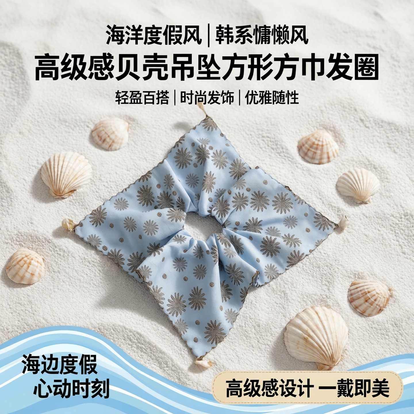 海洋度假风～發家韩系慵懒风高级感贝壳吊坠方形方巾发圈发饰头绳