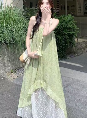 爆款黄绿色碎花裙夏季拼接海边吊带度假气质不规则连衣裙裙子