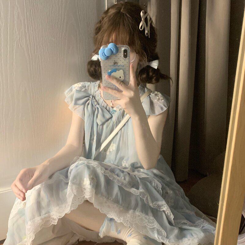 J法式小飞袖碎花薄纱连衣裙子女夏季小个子气质公主蓝色蛋糕裙