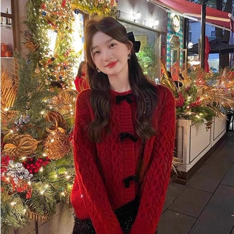 J蝴蝶结毛衣外套女秋冬外穿宽松慵懒风圣诞节红色针织开衫毛衣