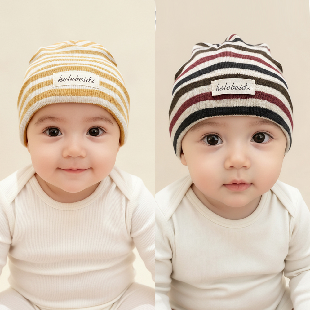 新款婴儿帽子秋冬加厚针织毛线帽防风保暖蓬松胎帽可爱条纹宝宝帽