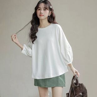 韩版简约风七分袖上衣春夏季新款百搭文艺复古百搭短袖T恤衫女装