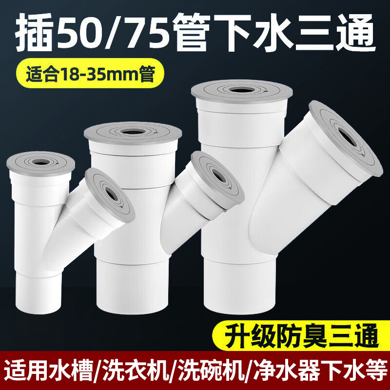洗衣机下水管三通接头50管75管专用PVC排水管二合一下水道三头通