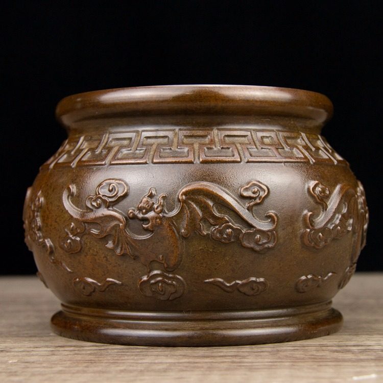 仿古做旧五福临门圆口平底纯铜香炉熏香炉家居寺庙佛堂供佛用品