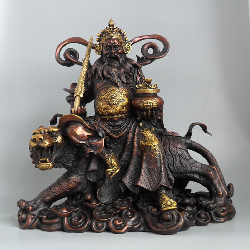 特大号铜像纯铜鎏金彩绘赵公明骑虎神像紫铜佛像高40-50-70cm1米