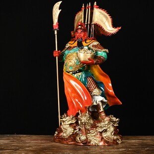 大号纯铜彩绘红脸绿袍关公铜像立刀九龙关二爷佛像关帝神像高70cm