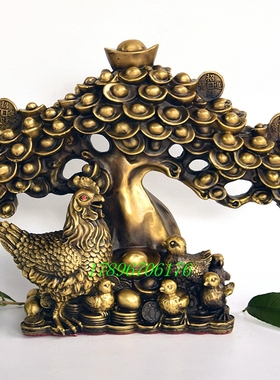 纯铜摇钱树下一家鸡工艺品招财