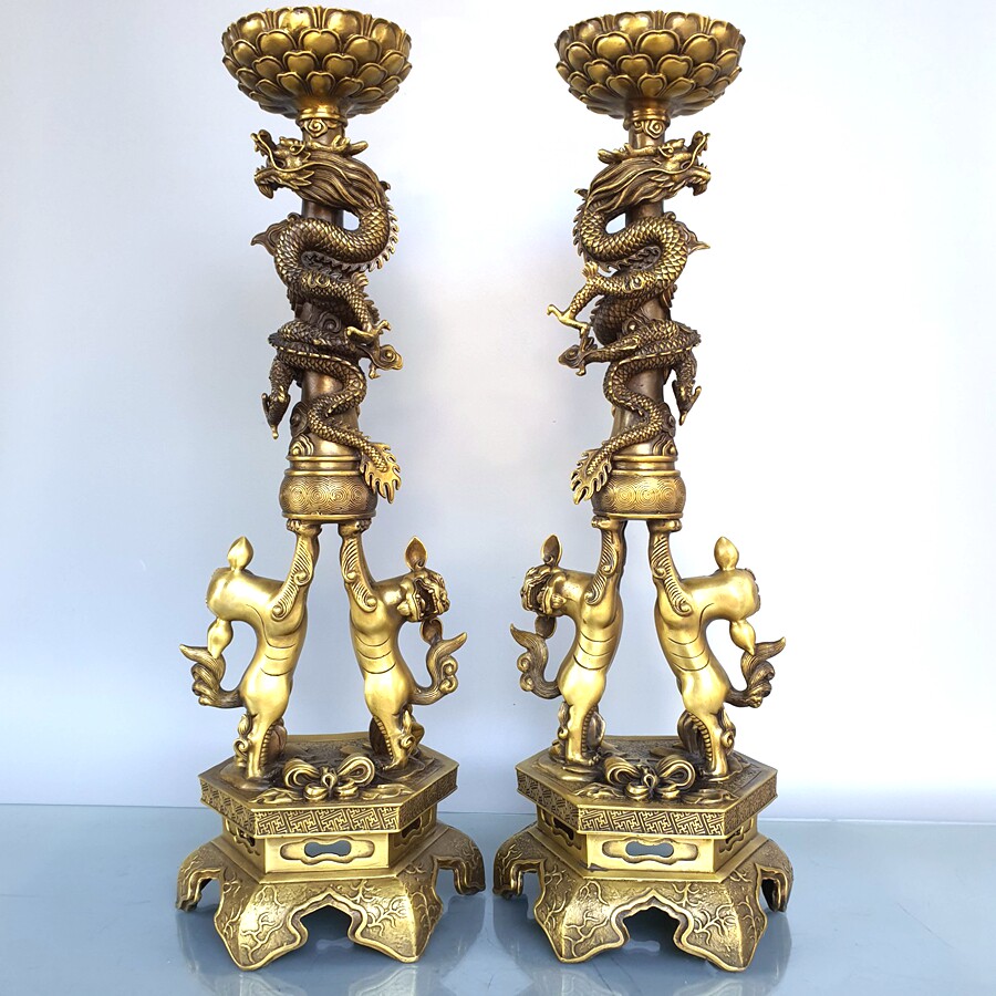 特大号纯铜烛台双狮蜡烛台黄铜双龙蜡台佛具寺庙佛前摆件高60厘米