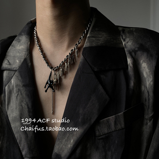 柴夫工作室 暗黑嘻哈朋克风黑色猫咪Y2K甜酷流苏锁骨项链 X523