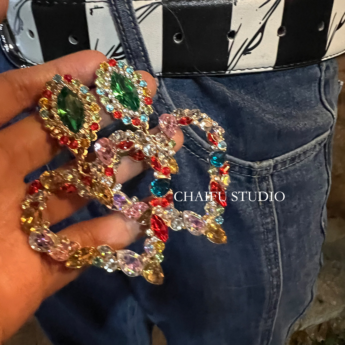 复古宫廷风彩色水钻做旧耳钉