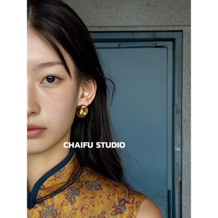 柴夫工作室 港风琥珀金属拼接几何耳钉小众高级质感耳环 R738