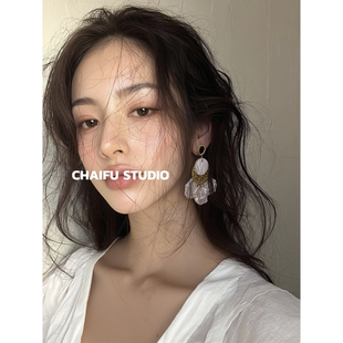 宫廷雕刻蕾丝纹耳钉流苏扇形贝壳层次感耳环 法式 柴夫工作室 R269