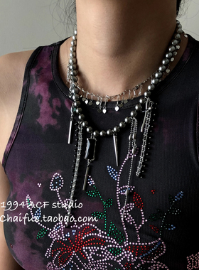 欧美辣妹风撞色珍珠十字架项链