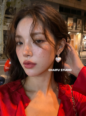 小众韩系凹凸木棉珍珠爱心耳钉