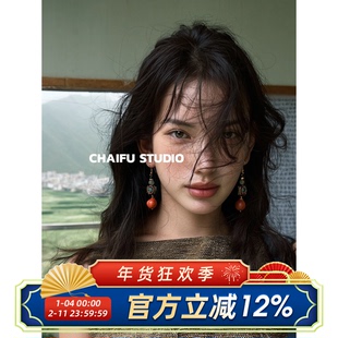 柴夫工作室/E354 尼泊尔木质异域民族耳环藏式手工图腾斑驳耳钩