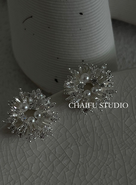 柴夫工作室/R281 韩式太阳花几何珍珠耳钉轻奢名媛气质耳环