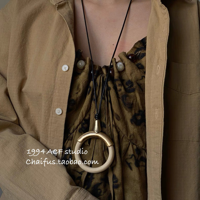 柴夫工作室/X443 欧美简约几何拉丝金属吊坠长链赛博朋克个性项链