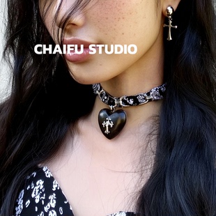 柴夫工作室/X809 美式辣妹朋克爱心十字架choker拼接丝带个性项链