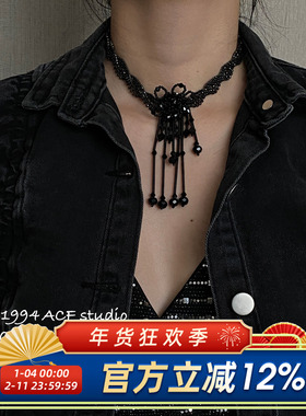哥特风复古黑色水晶串珠项链