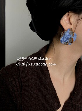 柴夫工作室/E427 美式复古几何彩色叠纱网纱花朵设计感耳钉耳环