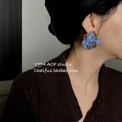 复古几何彩色叠纱网纱花朵耳钉
