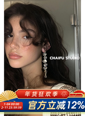 柴夫工作室/E585 爆闪银河碎片方钻大气耳钉冷艳高级感奢华耳环