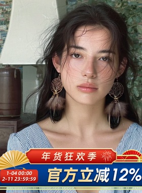 柴夫工作室/R910 港风复古孔雀羽毛流苏耳环古铜雕刻波西米亚耳钩