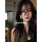 柴夫工作室 欧美夸张椭圆金属拉丝耳钉轻奢冷淡风显瘦耳环 R562