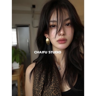 柴夫工作室/R562 欧美夸张椭圆金属拉丝耳钉轻奢冷淡风显瘦耳环