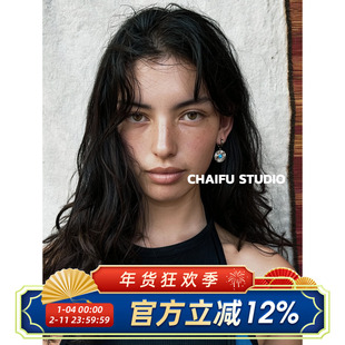 柴夫工作室/E174 复古民族风钛钢耳环几何敲打圆形花边绿松石耳扣