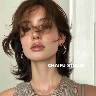 柴夫工作室/E110 ins日韩极简百搭C形皮质链条耳钉耳环简约耳圈