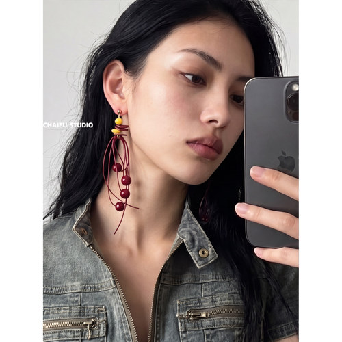 波西米亚手工串珠长款流苏耳钉