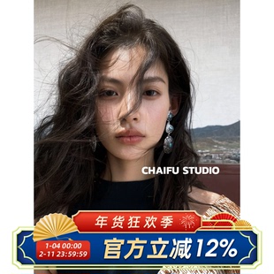 柴夫工作室/E658 游牧西部落民族风松石耳钉做旧雕刻古银个性耳环