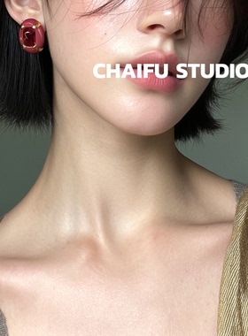 柴夫工作室/E304 港风复古几何拼接撞色耳钉立体超大水钻晚宴耳环