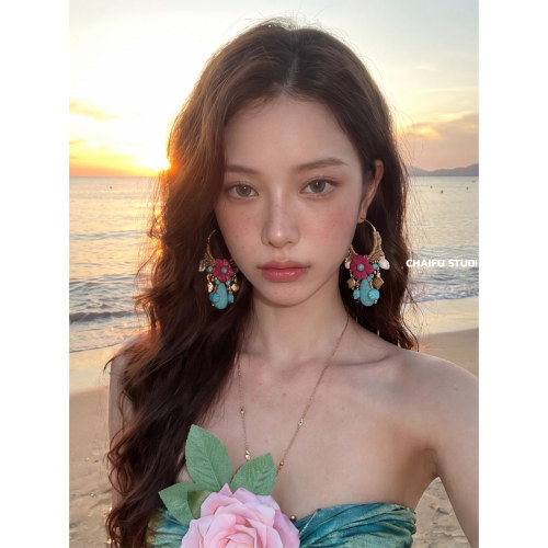 波西米亚花朵串珠流苏编织耳环