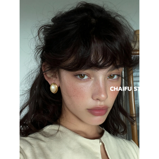 复古轻奢拉丝工艺气质珍珠耳钉耳环通勤耳饰 法式 柴夫工作室 R132