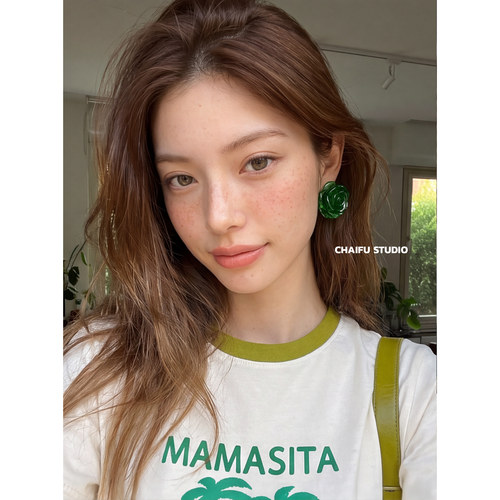 复古祖母绿水晶玫瑰花耳钉小众