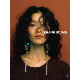 柴夫工作室 冷淡风超长流苏链条耳钉褶皱金属亮片显瘦耳环 R667