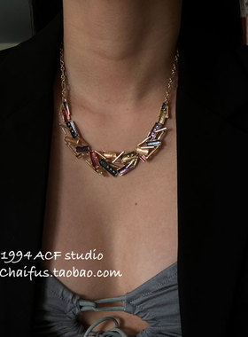 柴夫工作室/X424 热带禅意原始质朴金属项链几何拼接哑光烤漆颈链