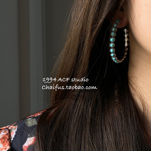 柴夫工作室 简约C型夸张大耳圈复古仿松石做旧花边耳环耳饰 R471