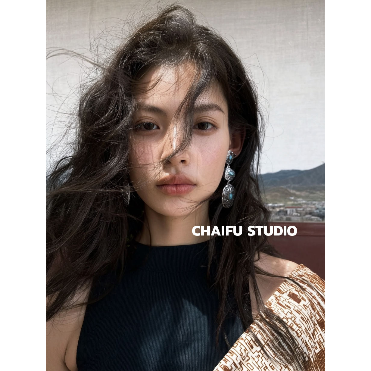 柴夫工作室/E658 游牧西部落民族风松石耳钉做旧雕刻古银个性耳环