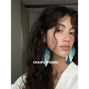 柴夫工作室 波西米亚彩色手工毛线耳环夸张异域风情度假耳饰 E595