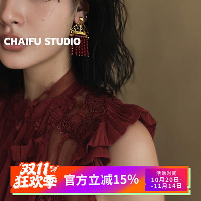 国风复古网格三角流苏耳钉