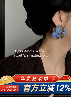 柴夫工作室/E427 美式复古几何彩色叠纱网纱花朵设计感耳钉耳环