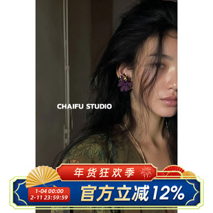 柴夫工作室/R776 多层次焦糖棕秋花卉立体搭配金属耳钉叠花瓣耳钉