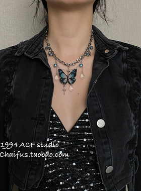 INS风辣妹彩绘蝴蝶流苏项链