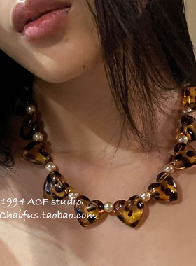 美式复古辣妹豹纹爱心项链